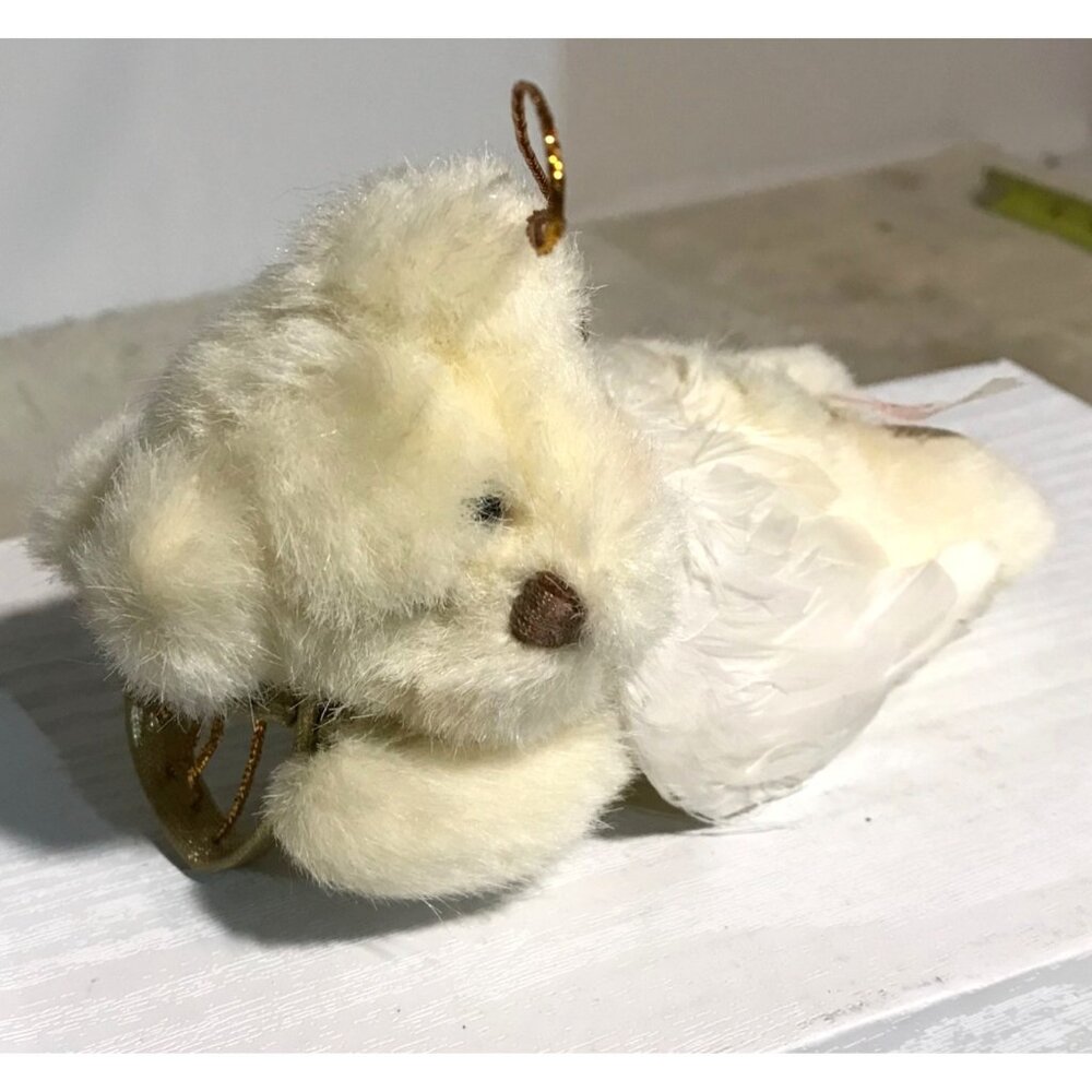 Russ Berrie Collectible Angel Bear Ornament 6" Plush Feathers with Harp White